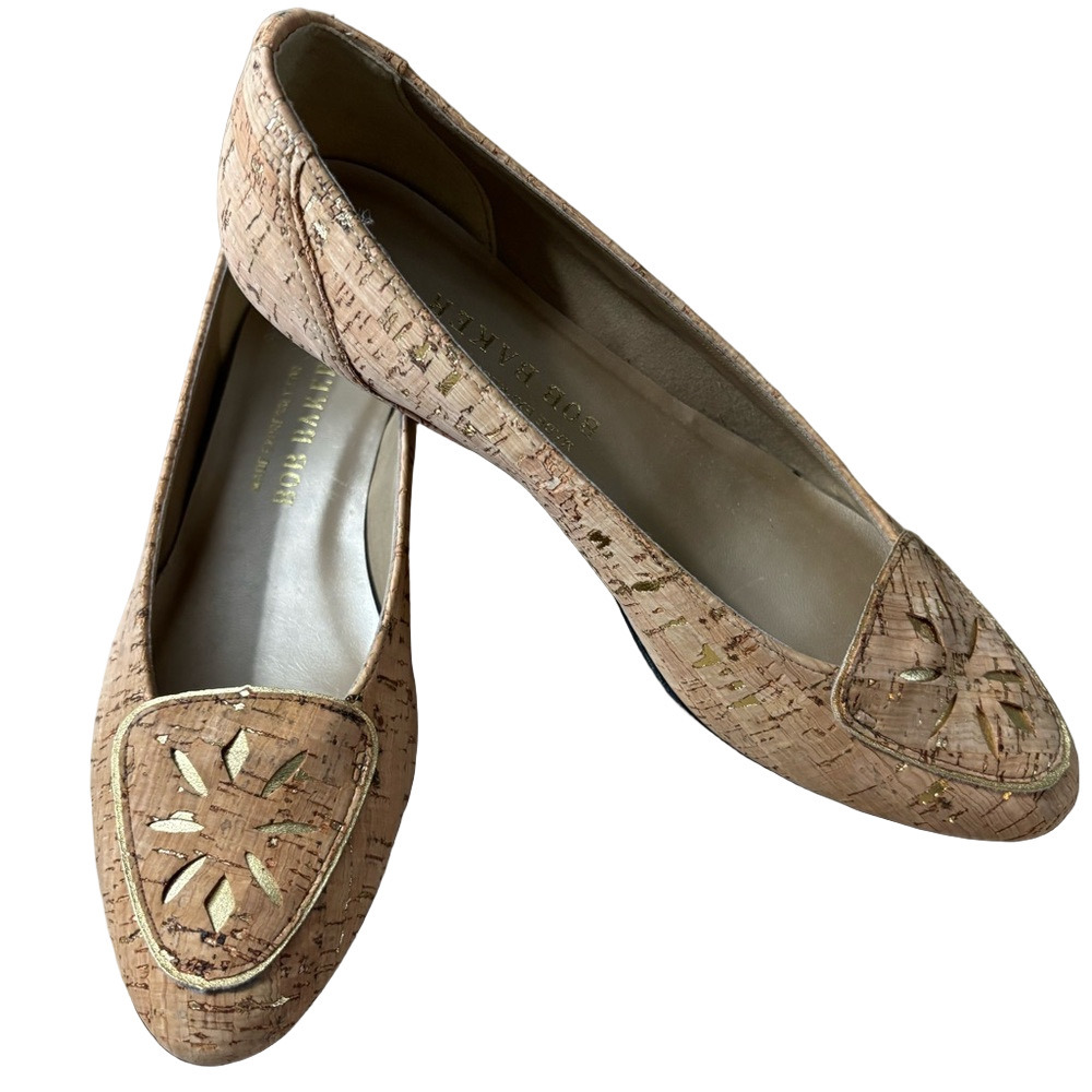 Bob Baker Rare cork Tan and Gold Flats with Shimmery Cut-Out Design